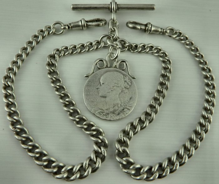 Antique silver double albert pocket watch guard chain with silver fob
